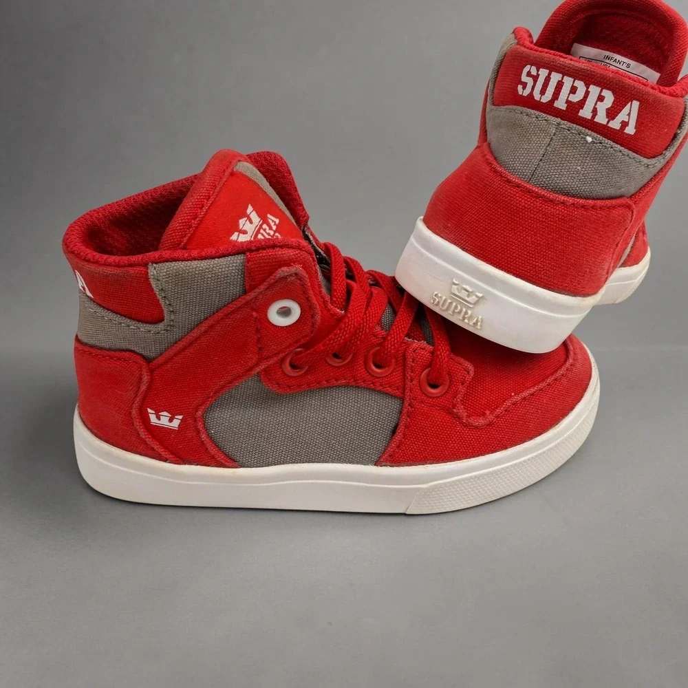 Supra Vaider Infant Red Grey Canvas High Top Skate Sneakers 28201-614-M Size 6C